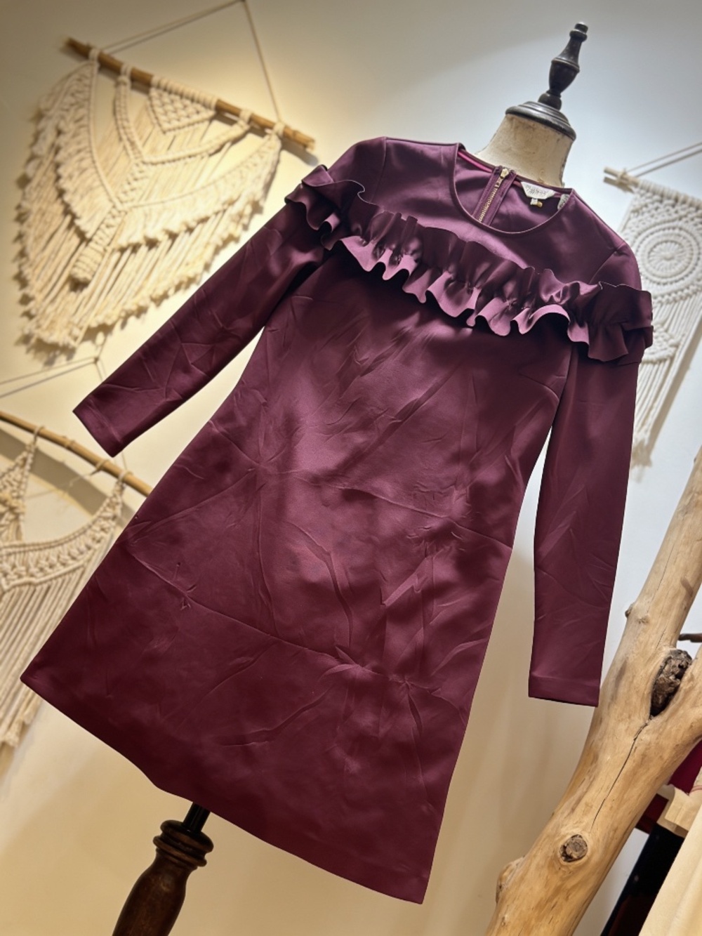 Brand New Ted Baker London Ruffle Trim Long Sleeve Dress in Burgundy - Picture 3 of 6
